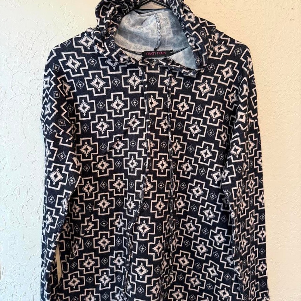 Crazy Train black & white geometric patterned blouse with a boho vibe